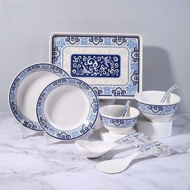Melamine Dinnerware Set – 24-Piece Chinese-Style Restaurant Tableware (Rice Bowls, Noodle Bowls, Plates & Trays) – Durable & Stackable_voghion.com