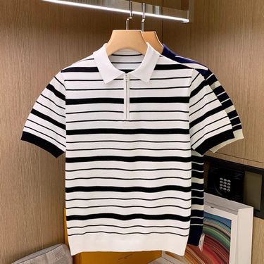 Men's Clothing elegant youth slim fit half zip collar T shirt men Simple color matching striped polo shirt men summer short sleeve_ecoleips.com