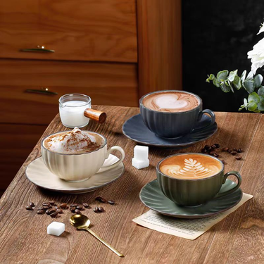 Jingdezhen Elegant Ribbed Coffee Cup Set: Ideal For Daily Coffee & Cappuccino Enjoyment_voghion.com