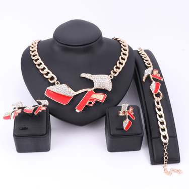 Fashion Hip Hop Red Enamel Crystal Pistol High-heeled Shoes Pendant Party Gift Necklace Bracelet Earring Ring_voghion.com