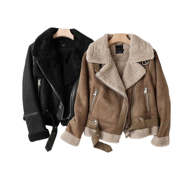 Women's Large Lapel Thick Motorcycle Suede Black Coffee Fur All-in-one Coat_voghion.com