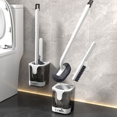 Wall-Mounted Toilet Brush Set – 360° Bendable Bristles, Space-Saving Holder, Long Handle For Deep Cleaning (Black/White, Plastic, 1-Piece)_voghion.com