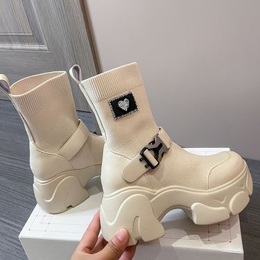 Ladies Platform Mid Autumn and Winter High-sole Breathable Slip-on Knitted Elastic High-heeled Boots for Women 2024_voghion.com
