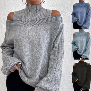 Women's fashion off-the-shoulder half turtleneck loose knit_voghion.com