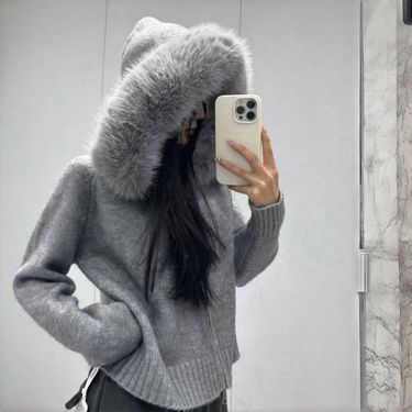 Korean-Style Hooded Short Cardigan, Faux Fox Fur Trim, Loose Fit, Zip-Front, Angora Knit, Grey/White/Black/Khaki, Casual Elegance For Petite Women_voghion.com