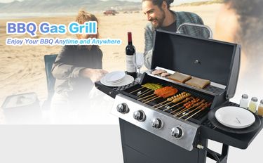 Propane Gas Grill 4 Burner Barbecue Grill, Stainless Steel 34,000 BTU Patio Garden Barbecue Grill With Two Shelves, Lid, Wheels And Bottle Opener_voghion.com