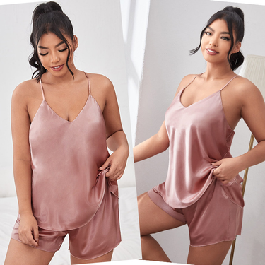 Women's clothing plus size plus size backless suspender pajamas women's fashionable and sexy pajamas two-piece imitation silk home set_voghion.com