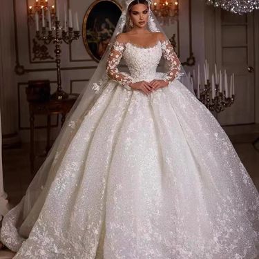 Women's Clothing Wedding dress Color mesh lace long sleeve high waist diamond decoration 3D three-dimensional flower bridal wedding dress _voghion.com