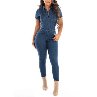 Women's Clothing Single Breasted Solid Color Lapel Casual Sexy Mid Waist Slim Fashion Denim Short Sleeved Jumpsuit_voghion.com