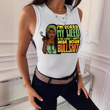 Women's high elastic small ribbed fashion printed vest_voghion.com
