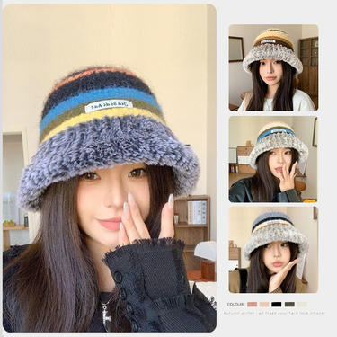 Colorful striped Women's knitted wool Show face Small basin Winter warmth Ear protection Fisherman hat_voghion.com