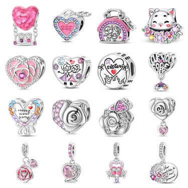 Women's Jewelry Family Style Sister Love Pink Rose Pendant Beads DIY Jewelry Accessories Bracelet White Copper Plated Silver_voghion.com