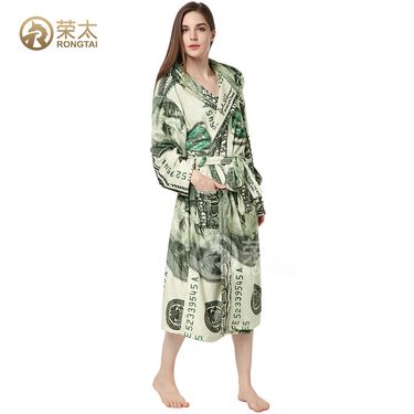 New Dollar Bill Print Couple Hooded Robe Flannel Bathrobe Unique Sleepwear_voghion.com