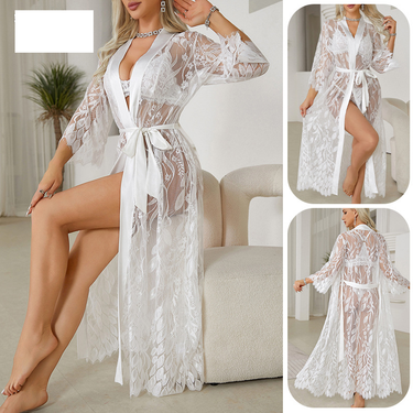 Women's clothing women's nightgown sexy lace stitching home clothes bathrobe cardigan see-through pajamas_voghion.com