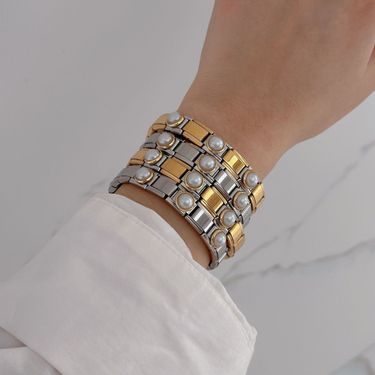 Ins Style Pearl Fashion Elastic Bracelet Stainless Steel Bangle Gold Plated Jewelry Set For Women_voghion.com