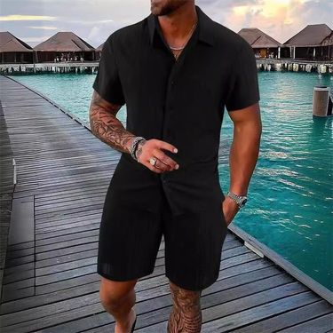 Summer New Men's Polo Casual Loose Short Sleeve Shorts Solid Color Sports Set For Men_voghion.com