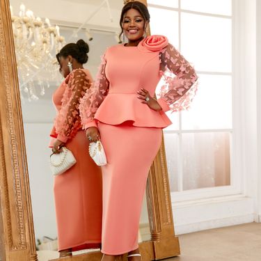 Women's Clothing AM040614 large size see through sleeves women's dress skirt plus size party ruffle dress dress_voghion.com