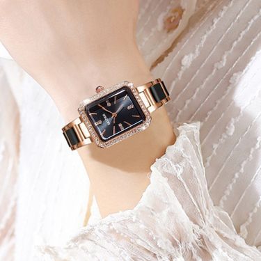 New light luxury fashion ladies square temperament diamonds ceramic waterproof bracelet watch quartz watch_voghion.com