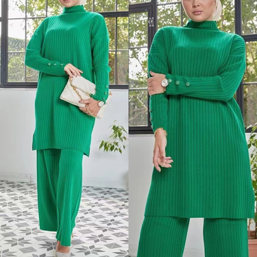 Women's Clothing Fashion suit autumn and winter new casual solid color loose sweater wide leg pants trousers knitted two piece set_voghion.com