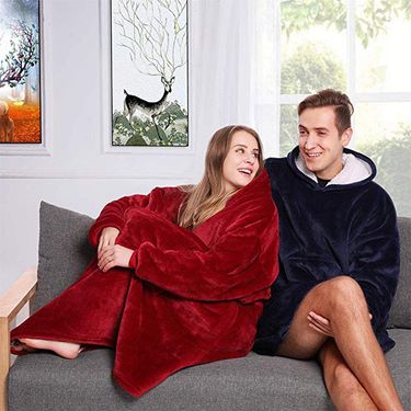 Winter Flannel Hooded Sweatshirt Pullover Warm Lazy TV Adult Fleece Cold-Resistant Blanket_voghion.com