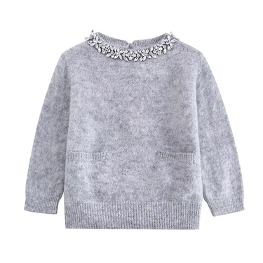Woman's Street Fashion Jewelry-Inlaid Gray Five-quarter Sleeve Collar Sweater_voghion.com