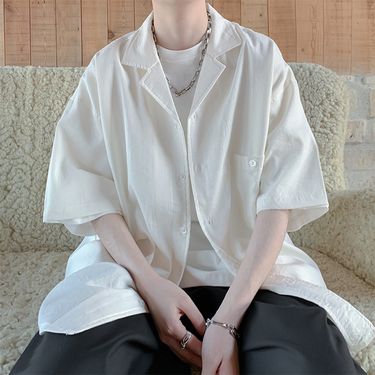 Short sleeved for men's summer slim casual versatile shirt jacket Instagram trend loose lapel top clothes_voghion.com