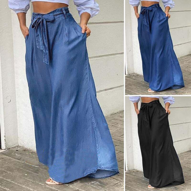 Women's elegant lace-up high waist skirt casual large size denim skirt_voghion.com