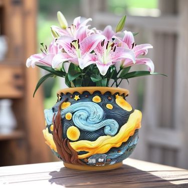 Van Gogh Inspired Series Starry Sky Resin Flower Pot Large Diameter Home Desktop Garden Potted Plant Container_voghion.com