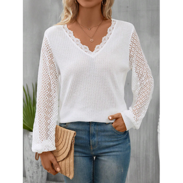Women's clothing fashionable solid color lace V-neck lace long-sleeved pullover top for women_voghion.com