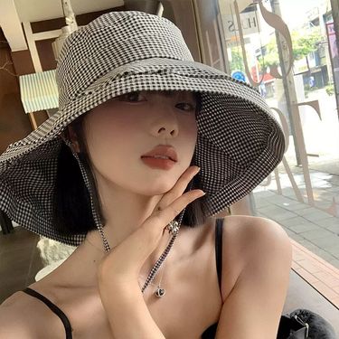 Houndstooth Fisherman For Women, Summer Korean Version, UV Protection, Sunshade, With Wide Brim, Face-Shielding Sun Hat_voghion.com