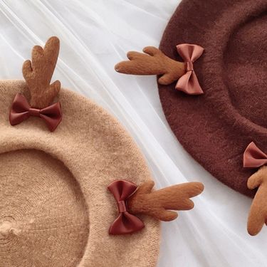 Hot Sale Sweet Painter Deer Antlers Beret Cosplay Vintage Lolita Wool Cap Warm Beanie Hat for Women Girls Head Accessory_voghion.com