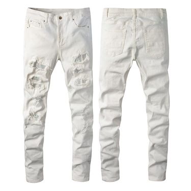 Men's Clothing High Street White Diamond Jeans For Men And Women Trendy American Style All-match Slim Straight Ripped And Scratched Skinny Trousers_voghion.com