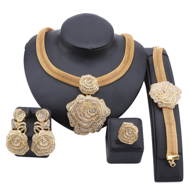 Italian Gold Color Crystal Necklace Earings Bracelet Ring Jewelry Set African Bride Jewelry For Women Wedding Party Gifts_voghion.com