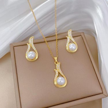 High Quality Pearl Cubic Zirconia Pendant Necklace Earrings Jewelry Set for Women Fashion Sweet Wedding Jewlery Sets Gifts_ipsvogv.com