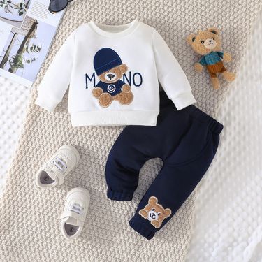 Mother&Kids Children's cartoon letter hat bear embroidered hoodie trousers two-piece set_viptrois.com
