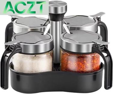 ACZT Jar Sugar Bowl Salt Pepper Wine Cellar Lid And Spoon, 4-Piece Spice Box Set With 360-Degree Rotating Stand,_voghion.com