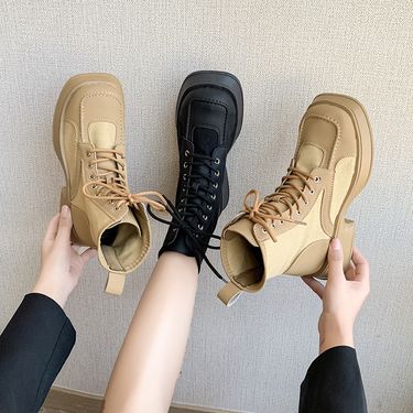 Soft leather canvas square toe thick bottom Martin boots for women's workwear Sweet Cool ins British style 2024 new_voghion.com