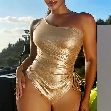Women's Clothing hot stamping high end brand swimsuit women one shoulder drawstring bikini beach hot spring one piece swimsuit_voghion.com