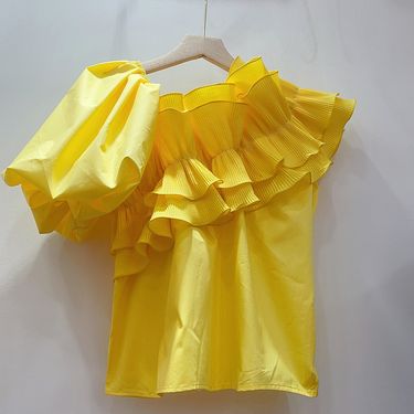 Women's Clothing fashion irregular ruffled V-neck shirt women's short-sleeved summer design niche yellow short top_voghion.com