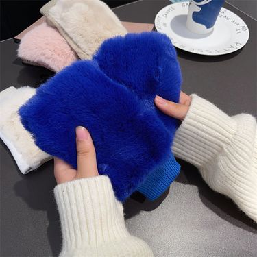 Suede rabbit fur half-finger gloves winter cute thickened student cold warm leopard print babes plush gloves_voghion.com