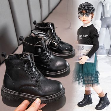 Children's Shoes Boys Boots Plus Velvet Leather Surface Warm British Style Low Top Leather Boots Winter Girls Side Zipper Soft Sole Shoes_voghion.com