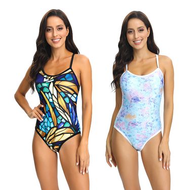 Fashion Print One-piece Triangle Cross Adjustment Shoulder Strap Backless Sexy Tight Swimsuit Women_voghion.com