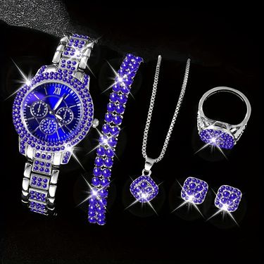 Full Diamond Luxury Bracelet Watch Set Ladies Time Quartz Watch Exquisite Five-piece Jewelry Daily Commuter Casual Birthday Valentine's Day Gift_voghion.com