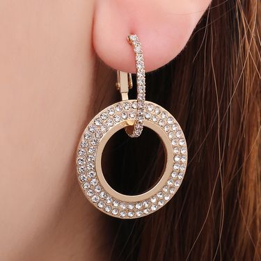 Creative geometric hoop inlaid with diamond earrings Temperament tassel super shiny earrings exaggerated double ring earrings_voghion.com