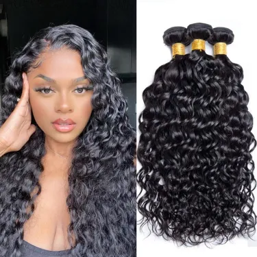 Brazilian Human Hair Bundles Natural Black Water Wave Virgin Hair Weave Closure_voghion.com