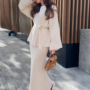 Women's Clothing Autumn And Winter New V Neck Tie Wide Sleeves Temperament High Waist Half Length Sweater Skirt Suit_voghion.com