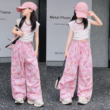 Kid's Clothing Girls Overalls Suit Summer Loose Love Trousers Print Drawstring Small Vest Two Piece Suit New_voghion.com