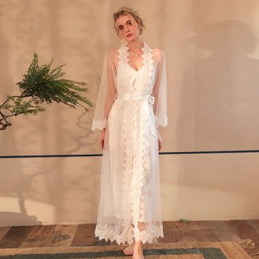 Elegant Lace Trimmed Nightgown & Robe Set – Sheer Mesh Long Dress With Matching Cover-Up (S/M/L, White, Lightweight Polyester, Adjustable Straps)_voghion.com