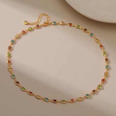 Yiwu Jewelry Square Colored Zircon Creative Niche Design Versatile Handmade Bead Genuine Gold Necklace_voghion.com