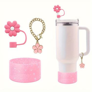Glitter Cup Holder Floral Straw Topper & Decorative Chain With Dust Plug - Compatible With 30oz/40oz Tumblers - Colorful Drinkware Decorations_voghion.com